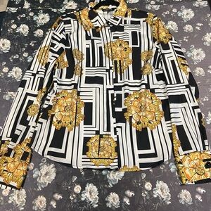 Black and White Geometric Shirt with Gold Floral Accents
